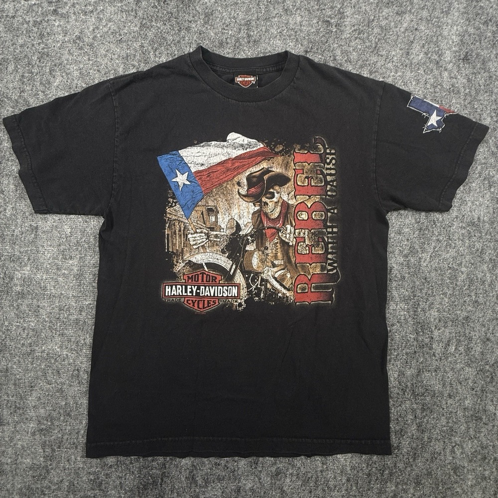 Harley Davidson T-Shirt Men Medium Black Skull Cowboy Horny Toad Fort Hood Texas